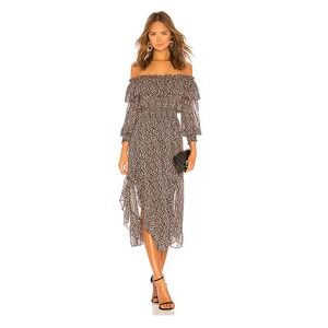Revolve MISA Los Angeles Begonia Dress Small Off Shoulder Ruffle Leaf Print Midi